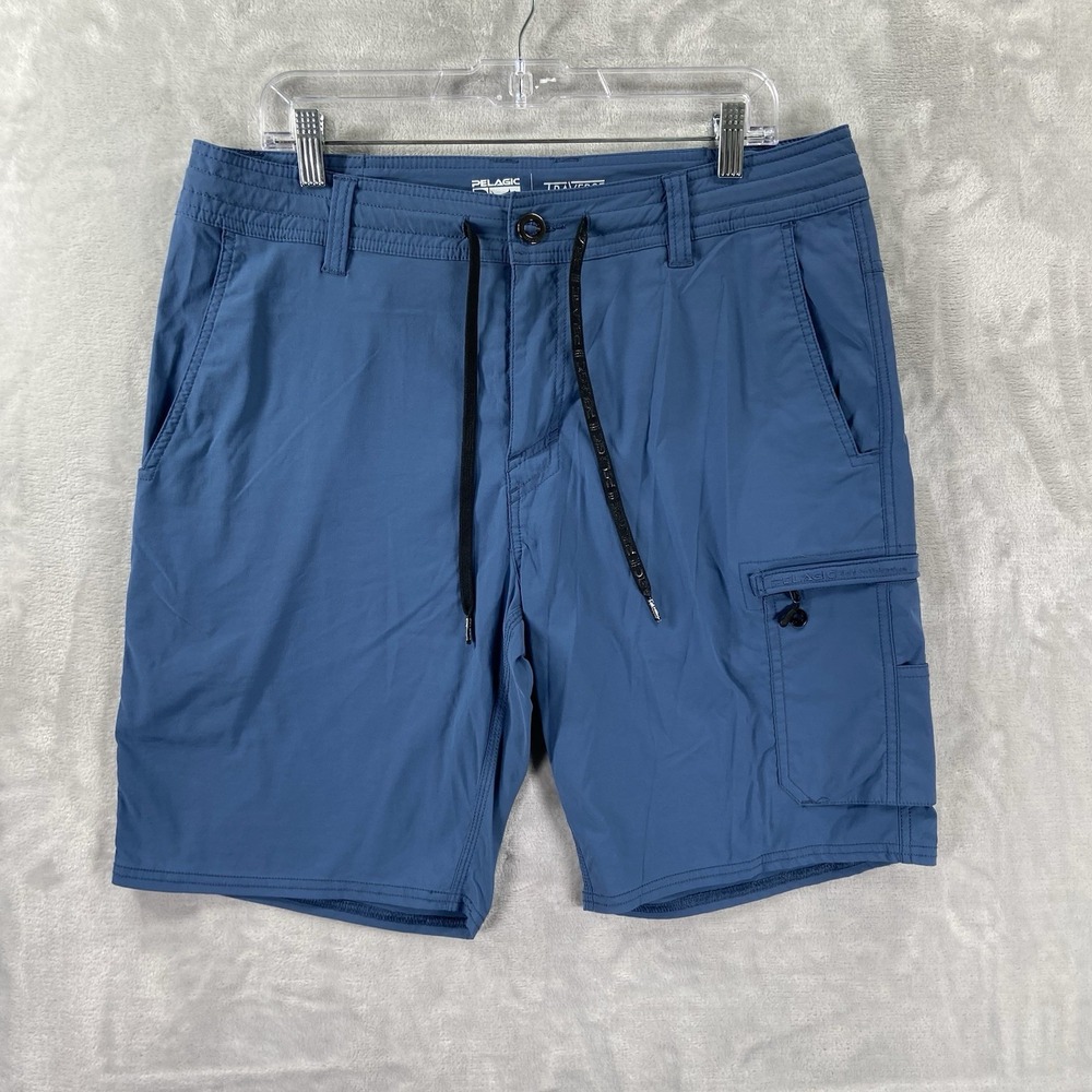 Pelagic Shorts men's 34 Traverse Fishing Hybrid Cargo Zip Pocket 9" Inseam Blue